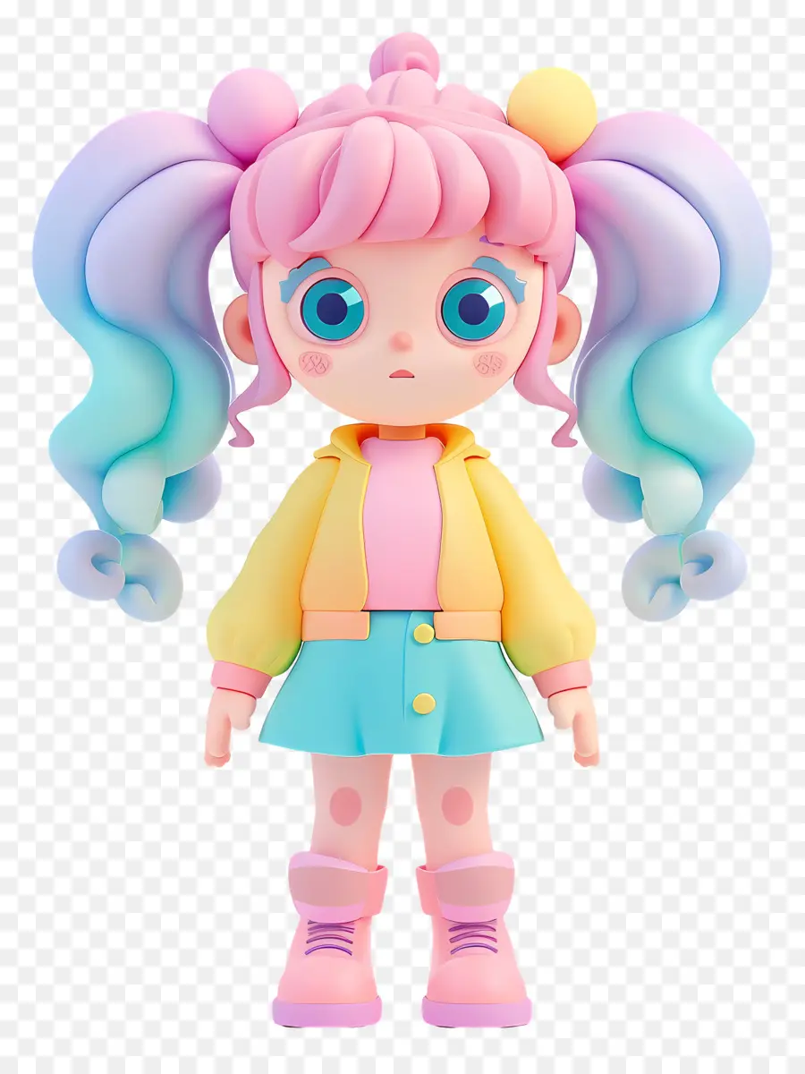 Anime -Figur Cartoon Charakter langes Haar rosa und gelbblau und weißes Kleid - Heller, farbenfroher Cartoon -Charakter mit entschlossenem Ausdruck