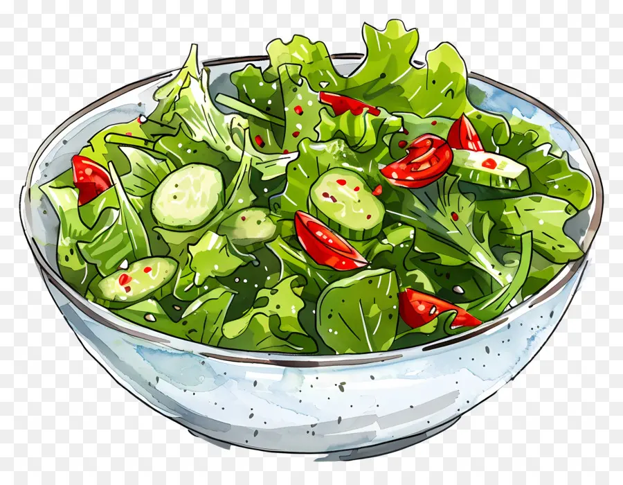 Salad salad màu nước sơn salad bát hỗn hợp rau xanh dưa chuột - Bức tranh màu nước đầy màu sắc của bát salad sôi động