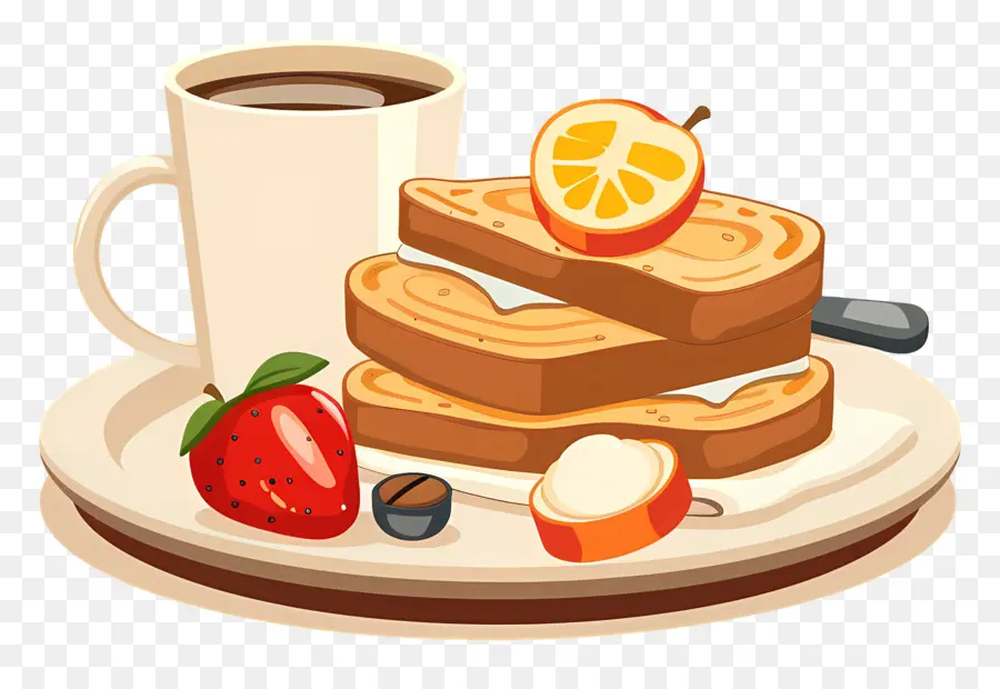 cà phê - Bơ nướng bánh mì, trái cây, cà phê trên đĩa