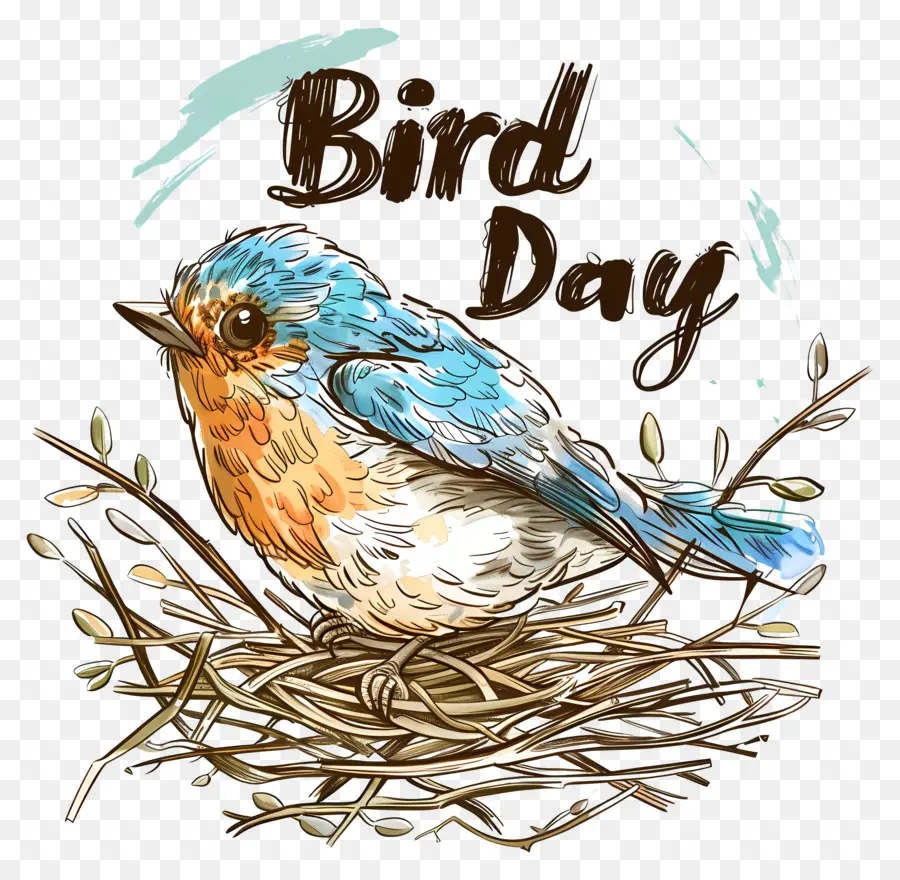 Bird Day Blue Bird Nest Nest Twigs rami - Uccello blu arroccato sul ramoscello nido