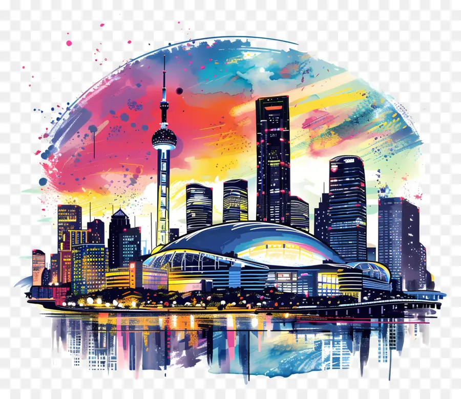 tokyo dome shanghai skyline cityscape illustration watercolor artwork vibrant colors