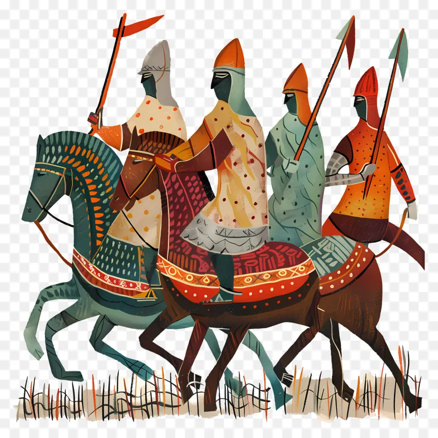Bayeux Tapissery Knights Pferd Rüstung Speere - Drei Ritter zu Pferd im Wald verfolgen