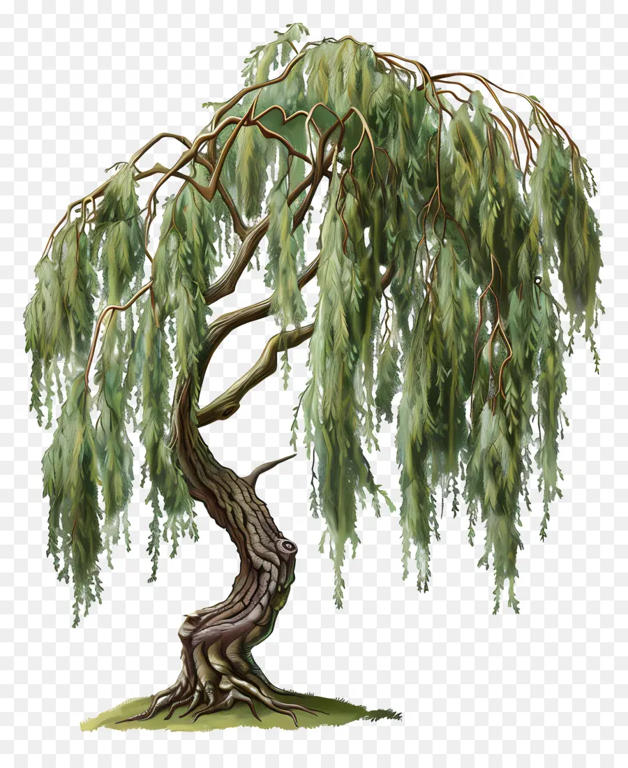 Baumstamm - Knorriger Weidenbaum mit fließenden Blättern