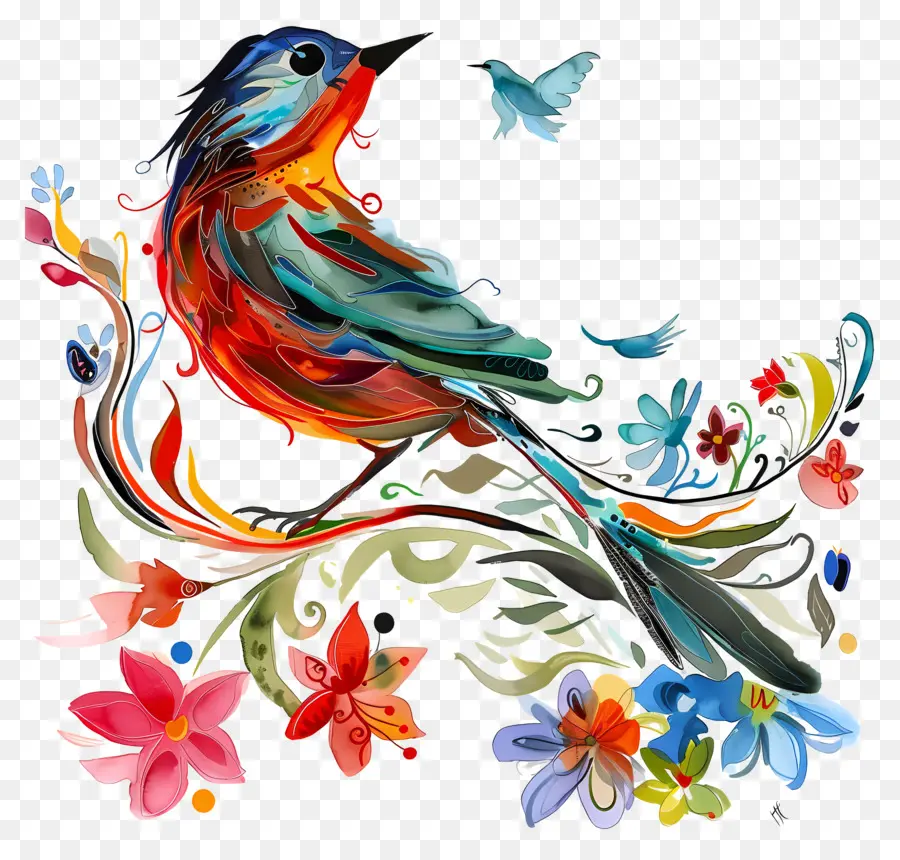 Bird Day Vogelmalerei Bunte Vogelblumenmuster lebendige Farben - Buntes Vogel am Zweig mit lebendigen Blumenmustern
