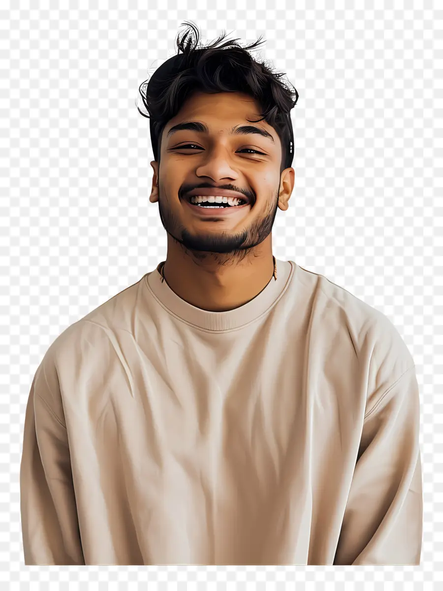 indian man beige sweatshirt casual fashion smiling eyes men's style