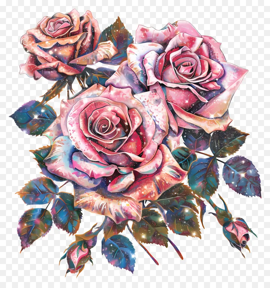 hoa hồng - Hoa hồng hồng trong bình bao quanh bởi hoa văn đầy màu sắc
