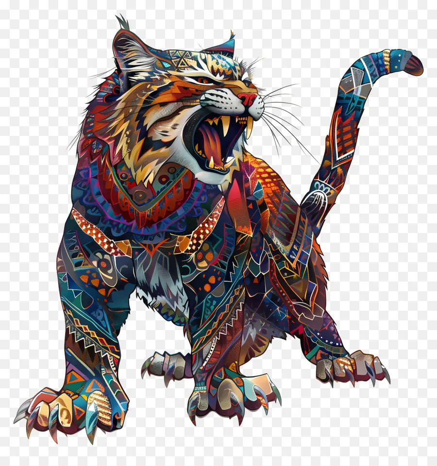 saber toothed cat tiger colorful intricate patterns