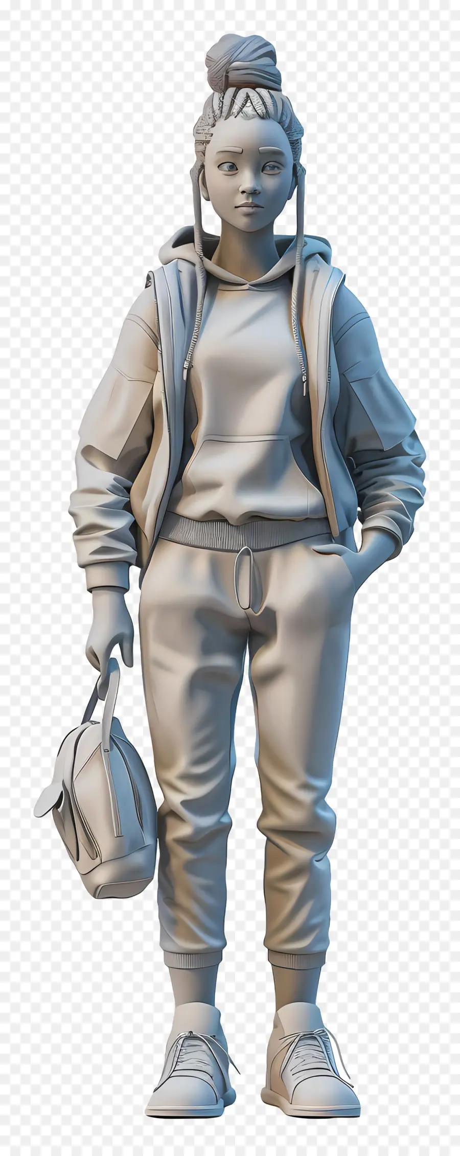 Figura femminile 3D rendering Person Abbigliamento occasionale con cappuccio bianco - Rendering 3d di persona casual con borsa