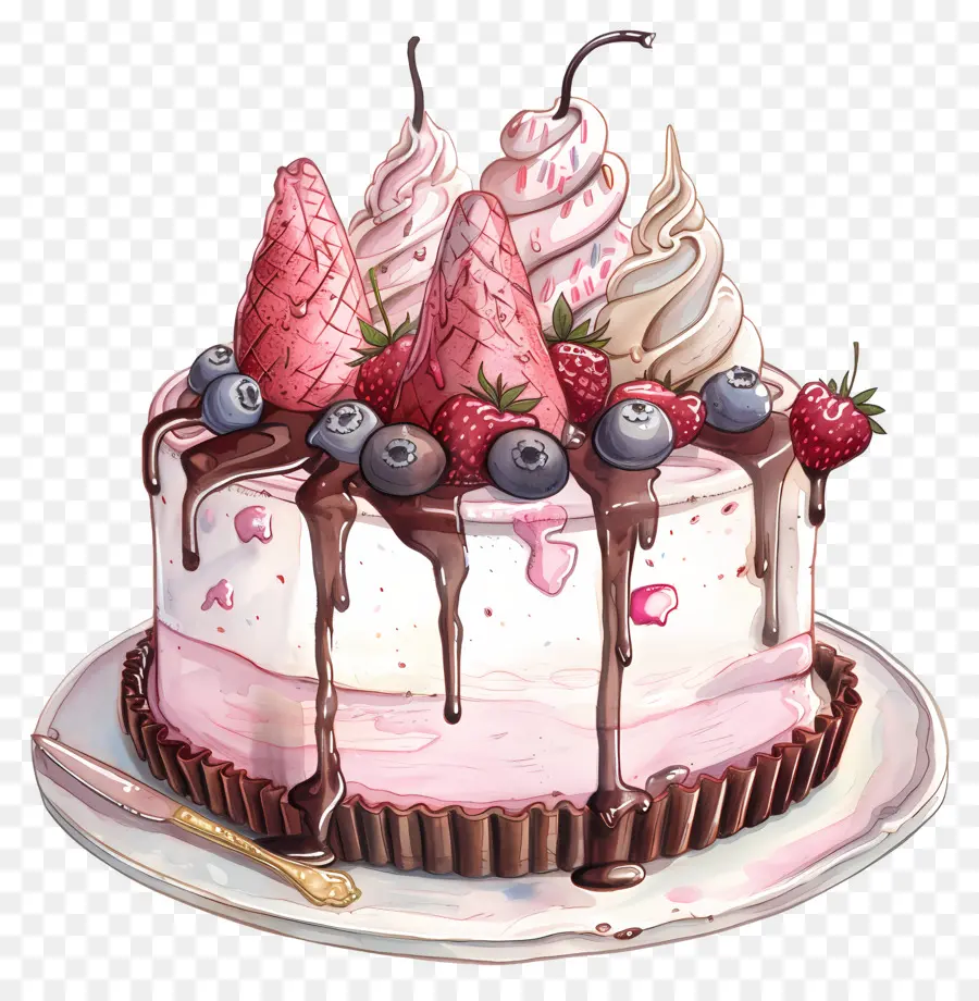 Eiscreme -Kuchen -Schokoladen -Kuchen -Schlagsahne -Erdbeeren Blaubeeren - Schokoladenkuchen mit Obst, Sahne und Sirup