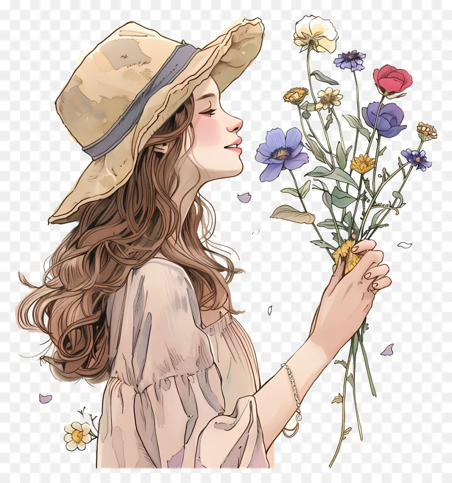 Người phụ nữ hoa phụ nữ hoa rơm - Người phụ nữ ngưỡng mộ những bông hoa đầy màu sắc với đôi mắt nhắm nghiền