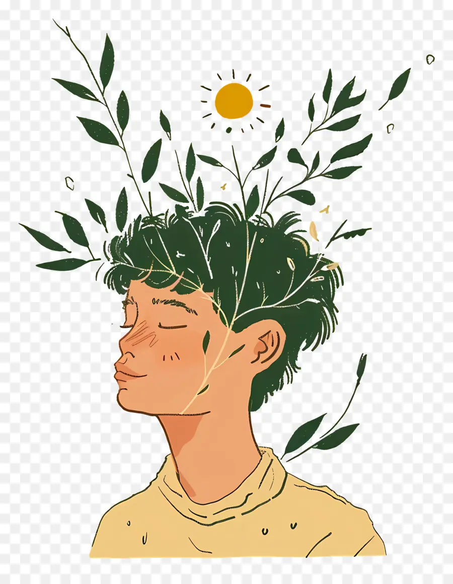 Menschen Natur Naturemplation Grün grün - Frau mit grünen Pflanzen im Haar, nachdenklicher Ausdruck