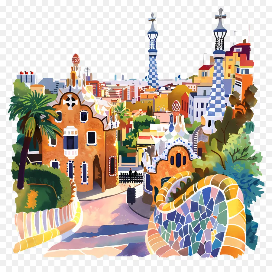 park guell watercolor painting city scene colorful buildings greenery