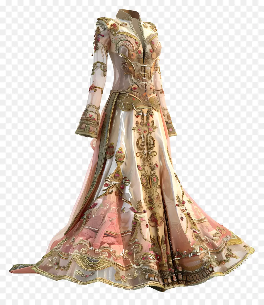 geometrische Formen - Reich verziertes rosa und goldenes Kleid mit Rüschen