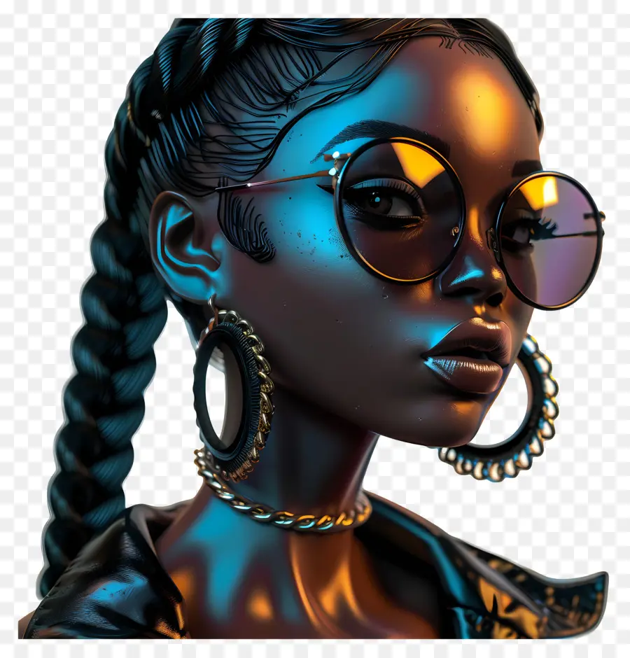 Ästhetische schwarze Mädchen Frau Sonnenbrille Halskette Afro - Frau mit Sonnenbrille, Afro, Perlen und Ohrringen