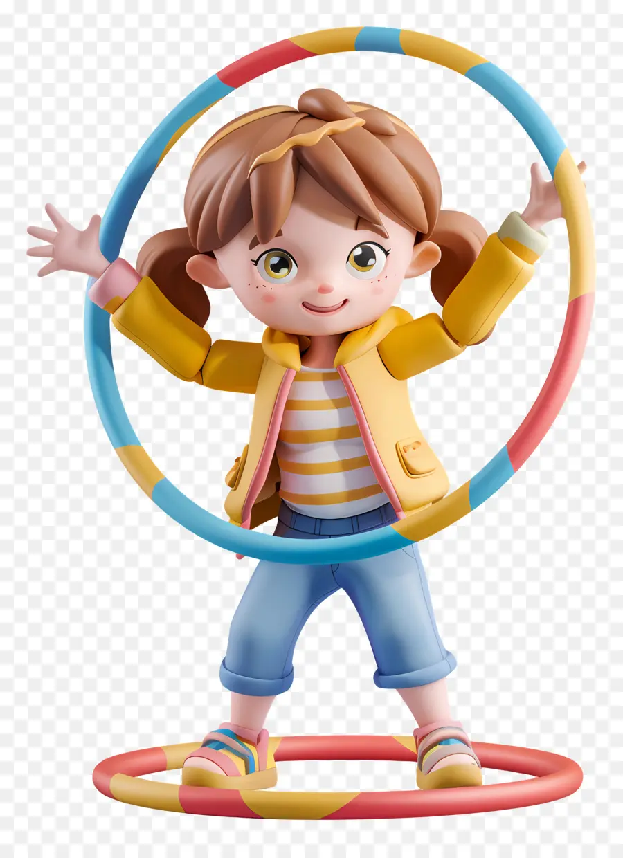 kleines Mädchen spielt Hula Hoop junges Mädchen gelbe Pullover Jeans - Mädchen mit Hula Hoop, lächelnd, schwarzer Hintergrund