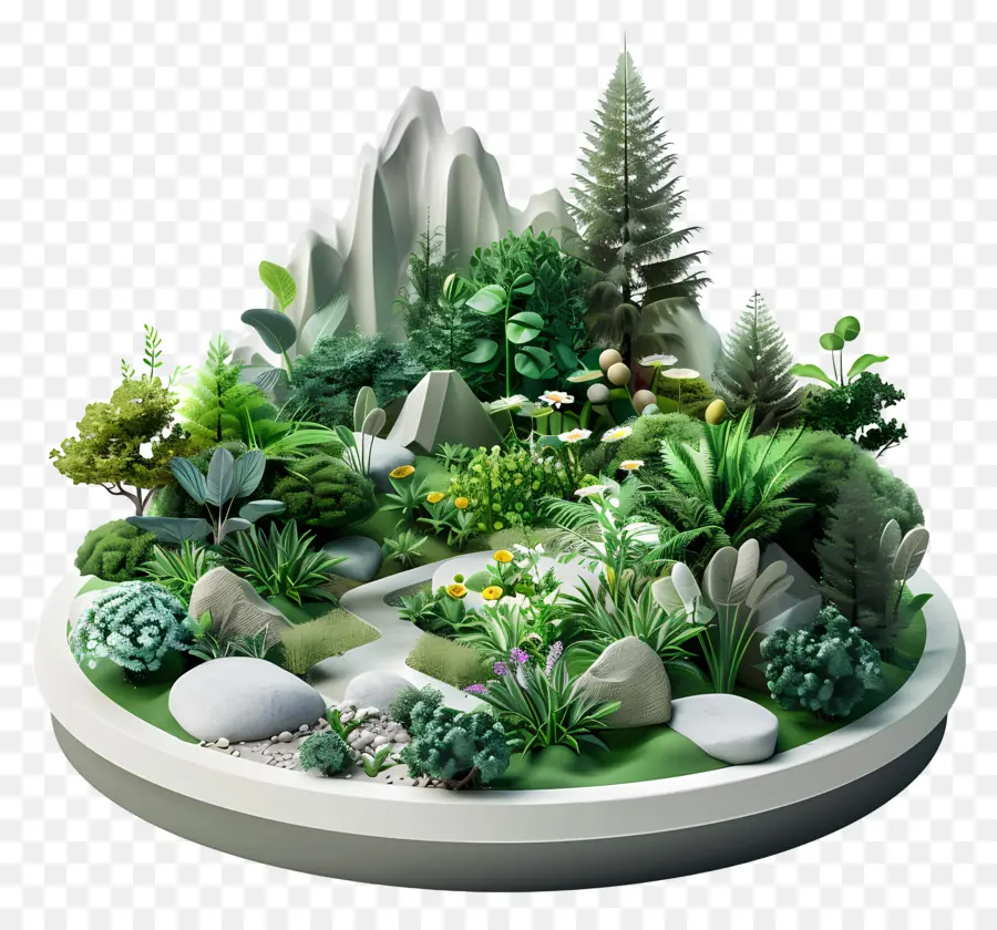 Giardino botanico paesaggio 3d montagne rocciose alberi verdi arbusti - Paesaggio 3D con statua, montagne, alberi