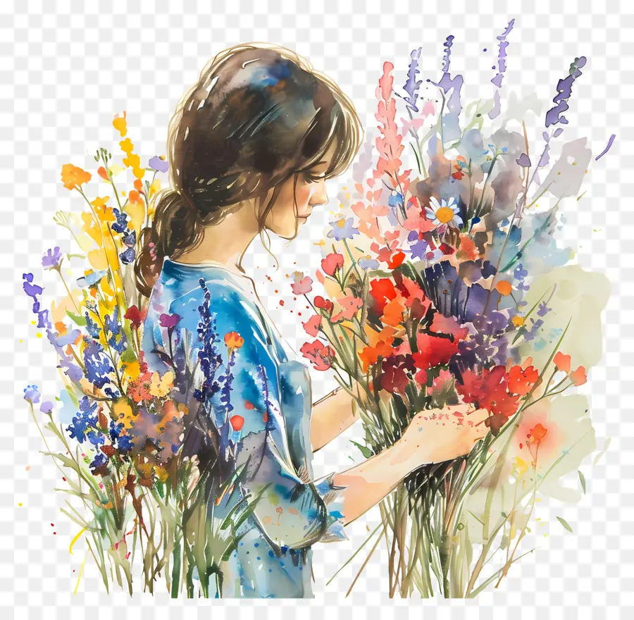 Donna Flower WaterColor Painting Woman Flowers - Pittura ad acquerello di donna con fiori sereni
