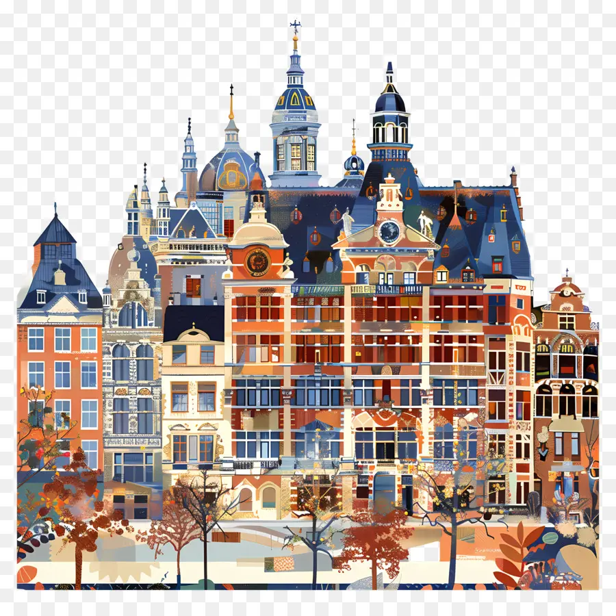 città, illustrazione - Illustrazione europea della città con edifici decorati, parco