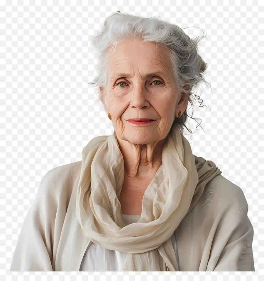 old woman elderly woman white hair beige scarf white shirt