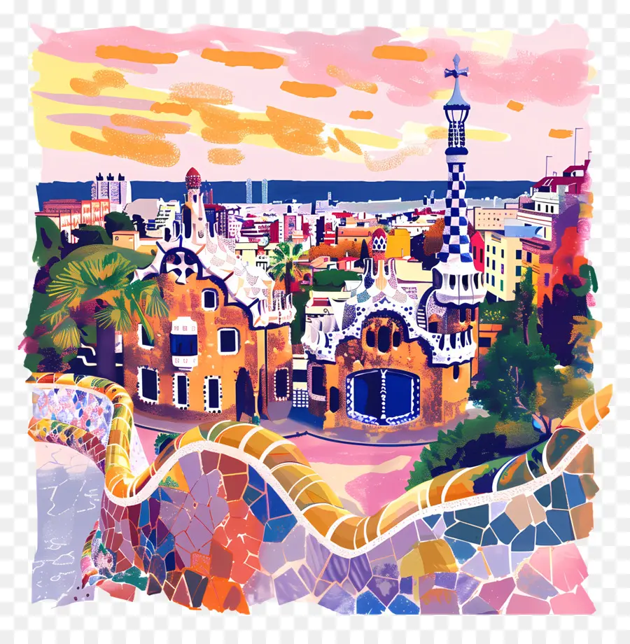 thành phố - Bức tranh đầy màu sắc của đường chân trời thành phố với tháp đồng hồ
