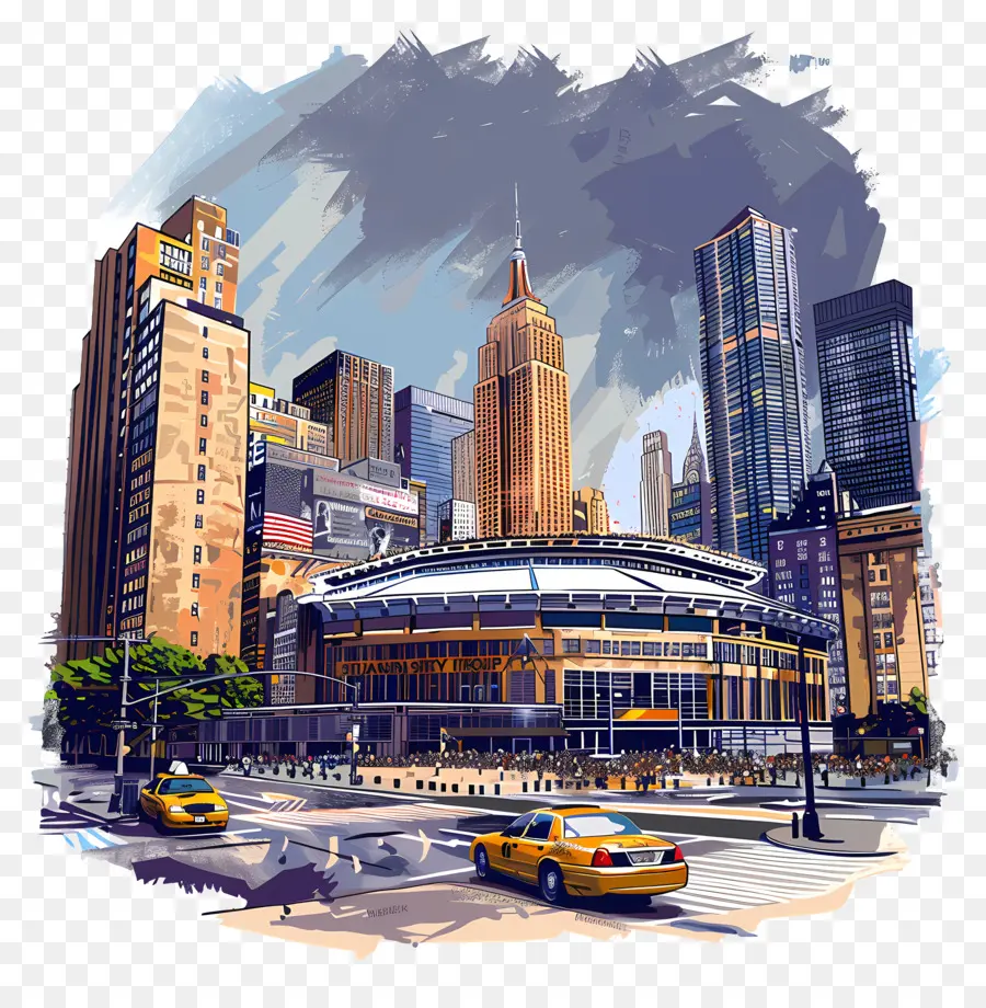 Madison Square Garden Citycape Vẽ các tòa nhà chọc trời ô tô lái xe cho người đi bộ - Bức tranh cảnh quan thành phố với các tòa nhà chọc trời, xe hơi, người đi bộ, cây cối