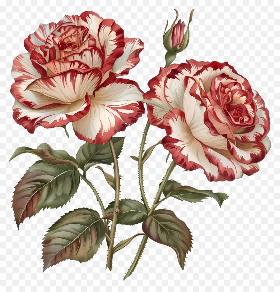 Doppelende Freude Rosen rote und weiße Rosen Blumen Blütenblätter Stängel - Lebendige rote und weiße Rosen und Blätter