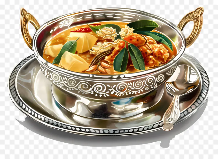 dhaniya panjiri red curry silver bowl steaming creamy sauce