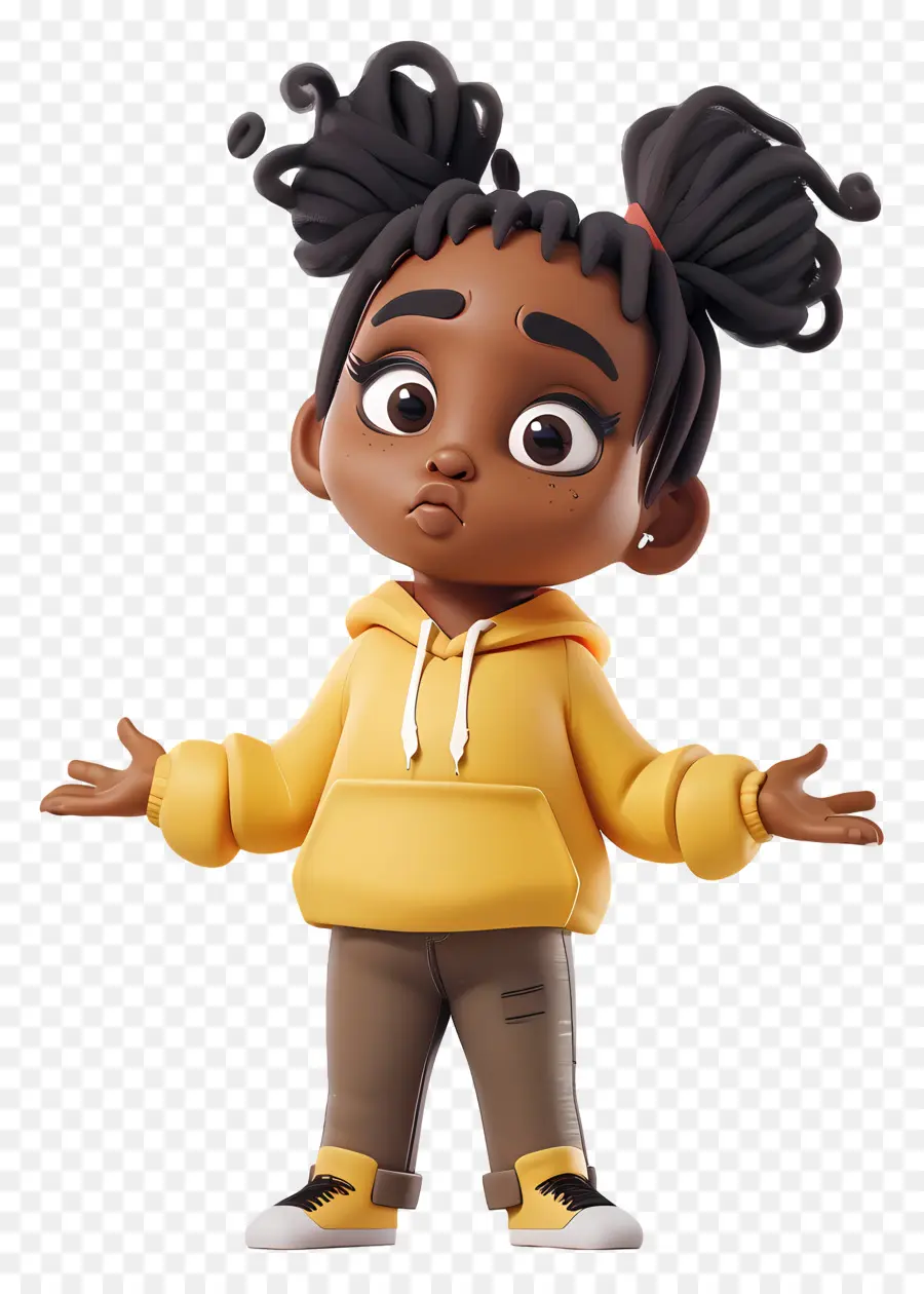 Verwirrtes schwarzes Mädchen junges Mädchen Charakter Design Dunkelhaar gelber Hoodie - Junges Mädchen im gelben Hoodie mit Stiefeln