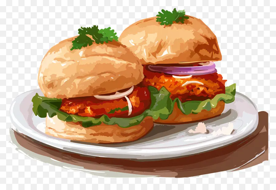 Tomaten - Zwei Hühnchen -Sandwiches mit Ketchup und Gemüse