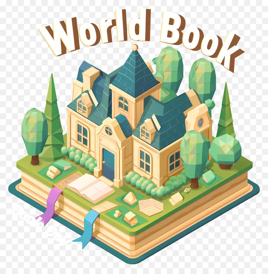 thế giới ngày sách - Tòa nhà đầy màu sắc trên nền tảng gỗ với cây