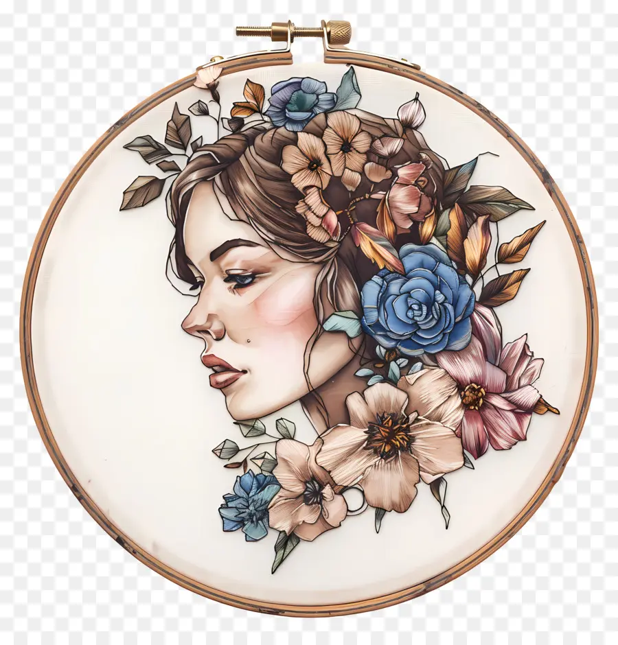 ricamo a cerchio ad acquerello dipinto di fiori della donna ghirlanda - Disegno colorato per acquerello del viso di una donna pacifica