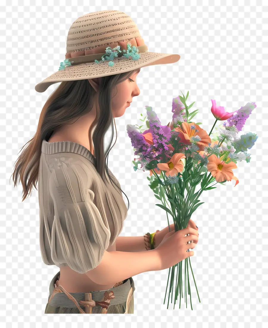 donna fiore donna fiori cappello - Donna con cappello e fiori, sorridendo
