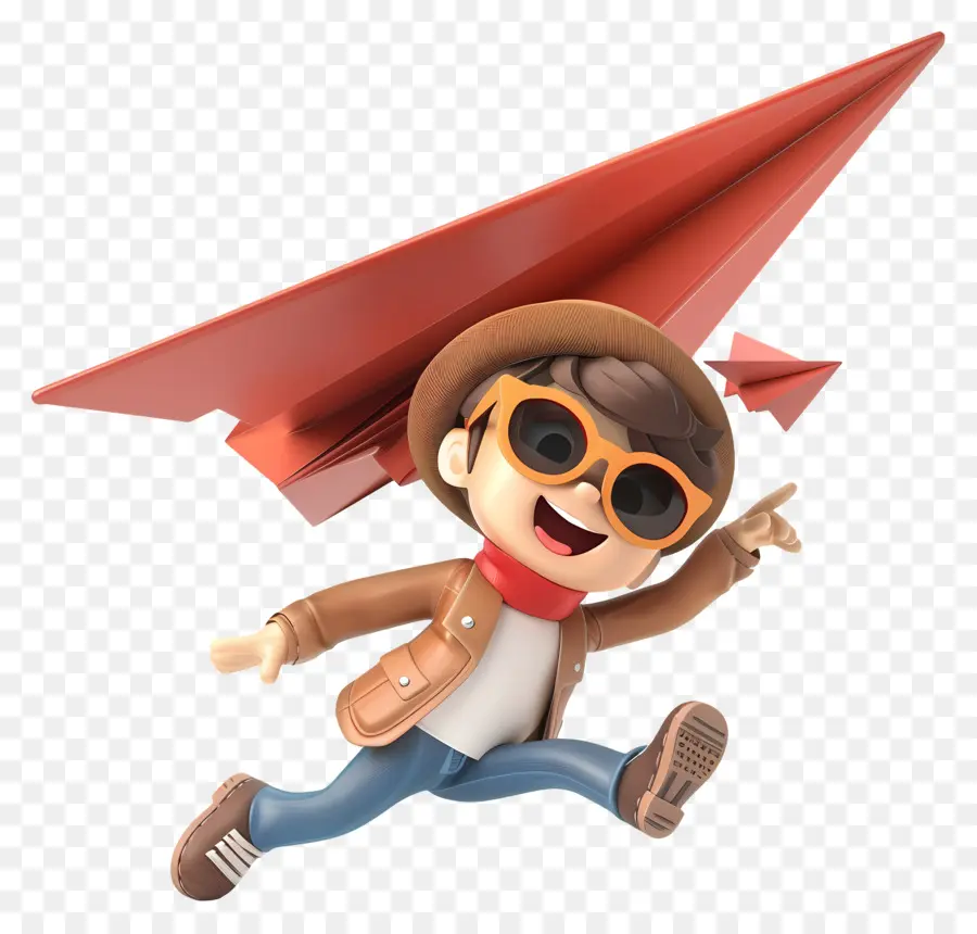 Giorno di aereo da sole a aereo in carta volante di carta Giovano - Giovane ragazzo che vola con aereo di carta con gioia