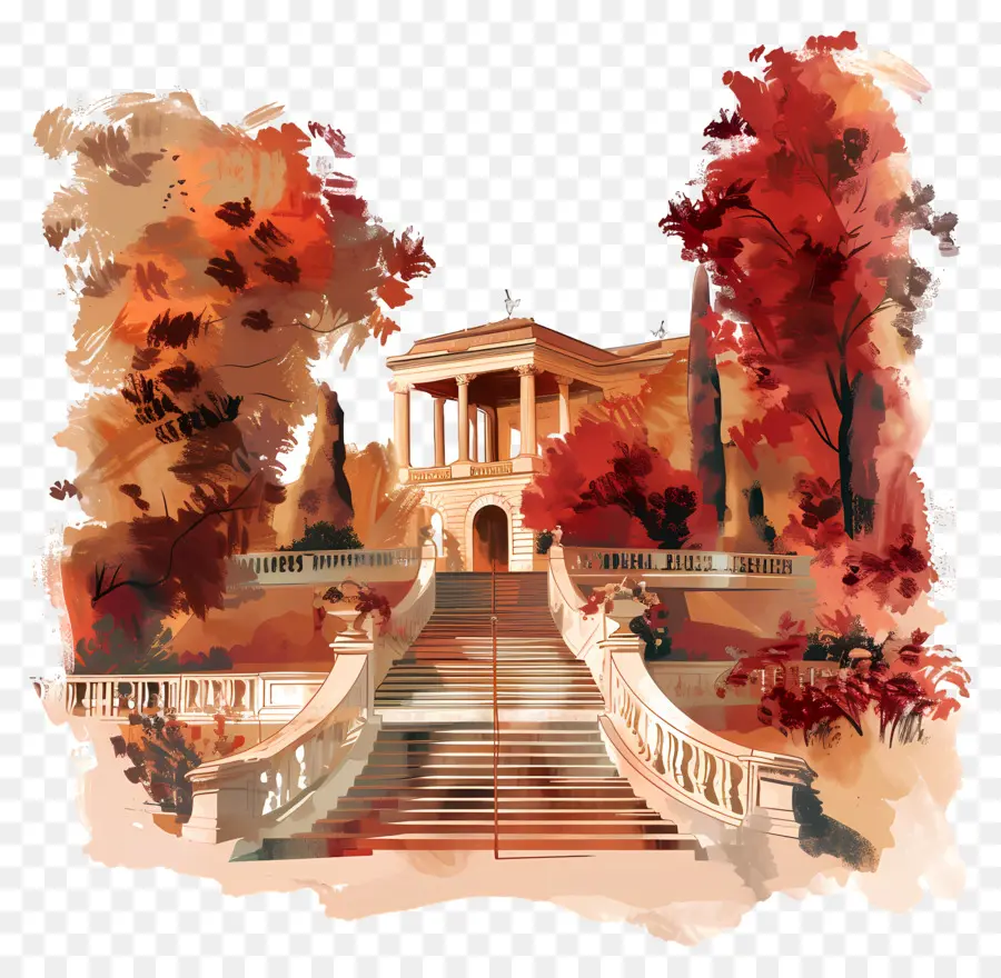 Villa Borghese Zerrte Gebäudestufen Säulen Balkon - Reich verziertes Gebäude mit roten Blättern, Perspektivansicht