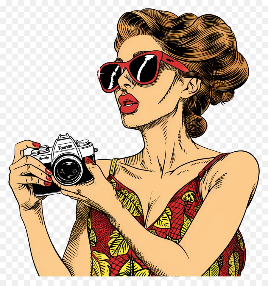 Ngày du lịch ngày cô gái camera râm màu đỏ áo sơ mi trắng - Cô gái trẻ có máy ảnh trong kính râm
