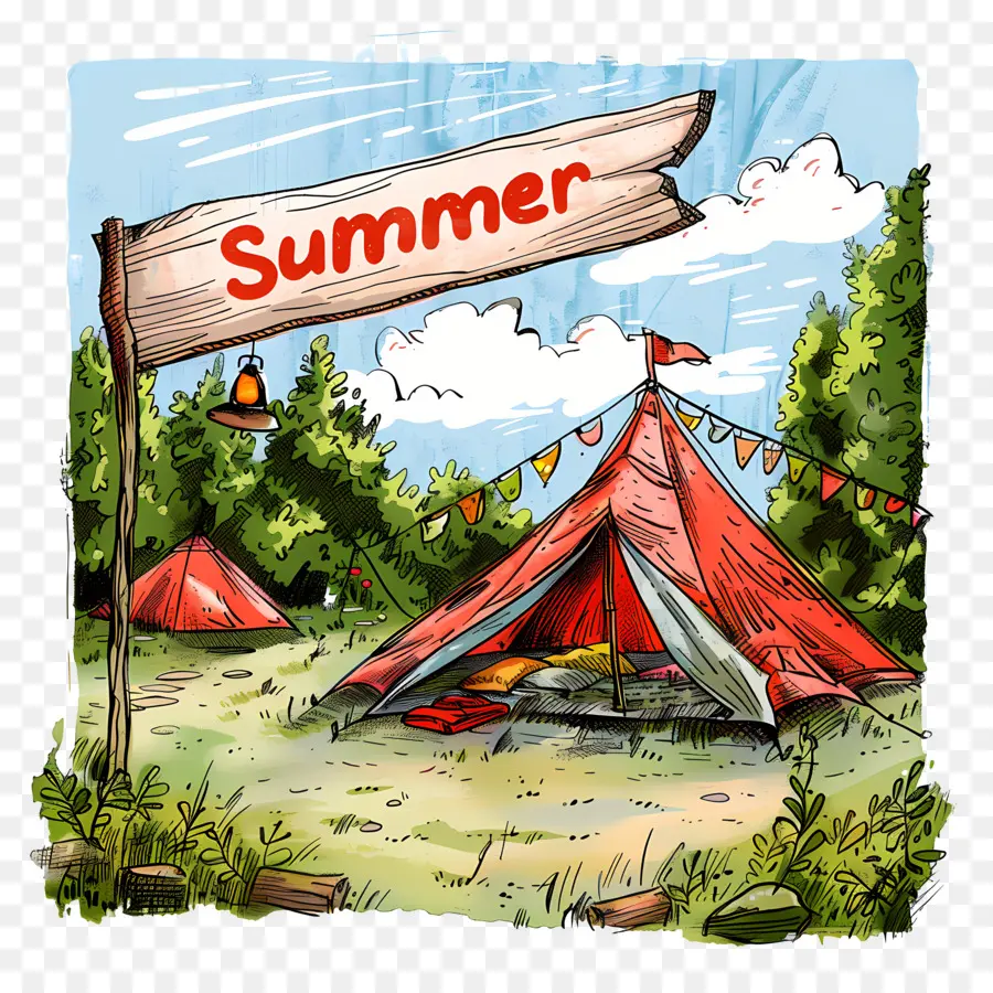 Trại hè - Lều mùa hè với bunting trên cánh đồng