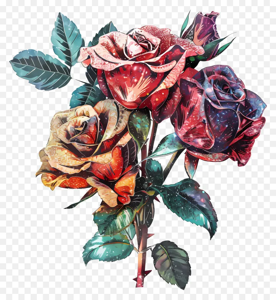 pittura floreale - Bouquet ad acquerello di rose vibranti su sfondo nero