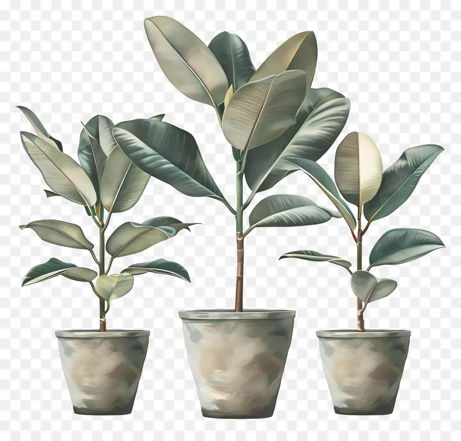 Gummibaum - Drei Topfpflanzen gegen dunklen Hintergrund