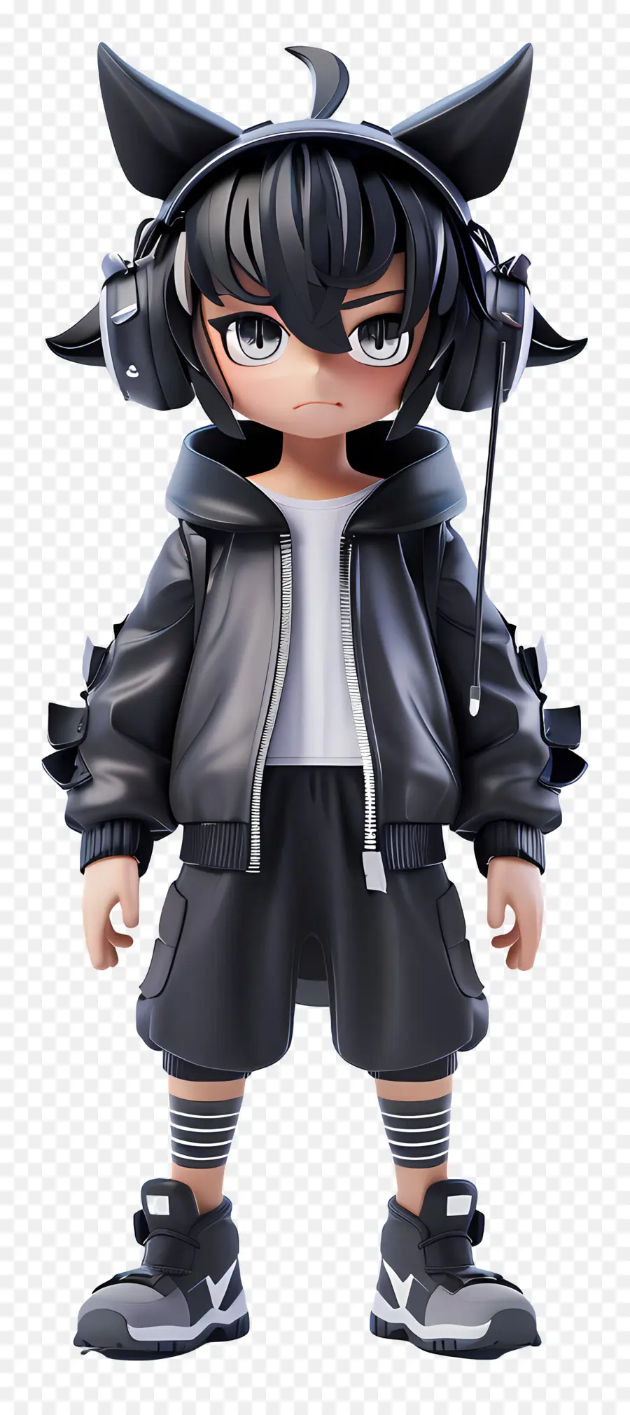 Anime -Figur modes schwarz -weißer Overall Kopfhörer langes schwarzes Haar - Person im Overall mit Kopfhörern und Sonnenbrillen