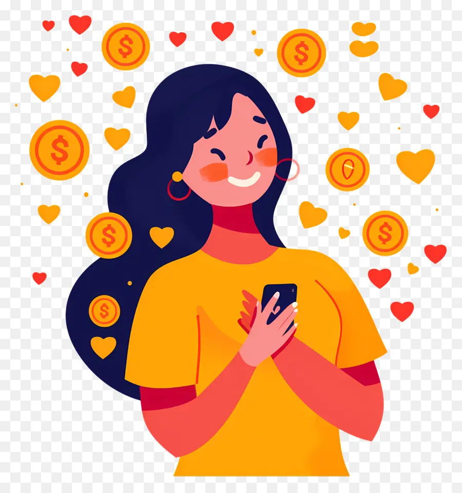 social media - Donna sorridente con telefono, simboli di denaro, stile dei cartoni animati