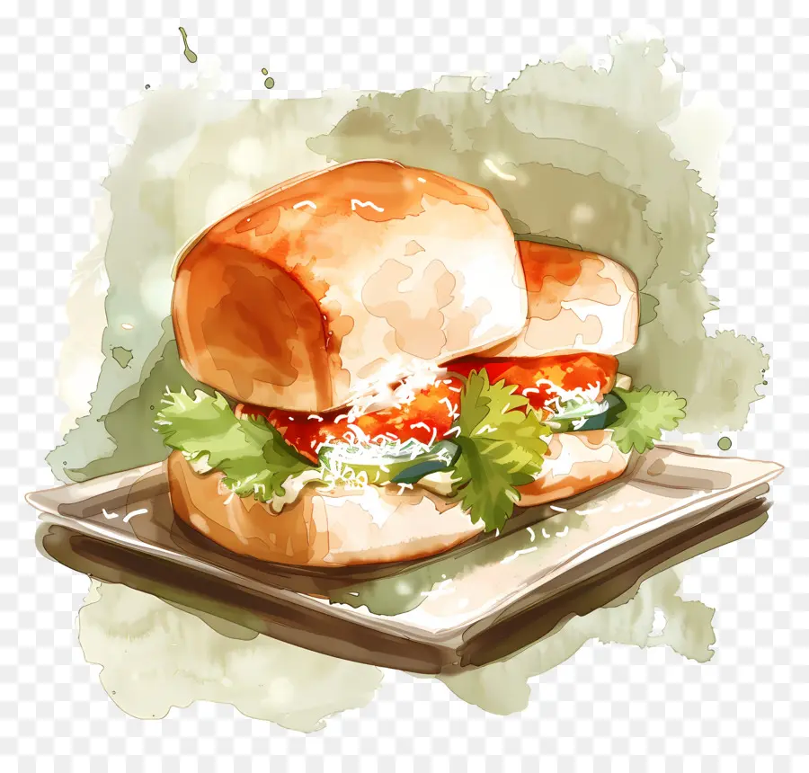 Tomaten - Frisches Sandwich auf strukturierter Teller mit Tröpfchen