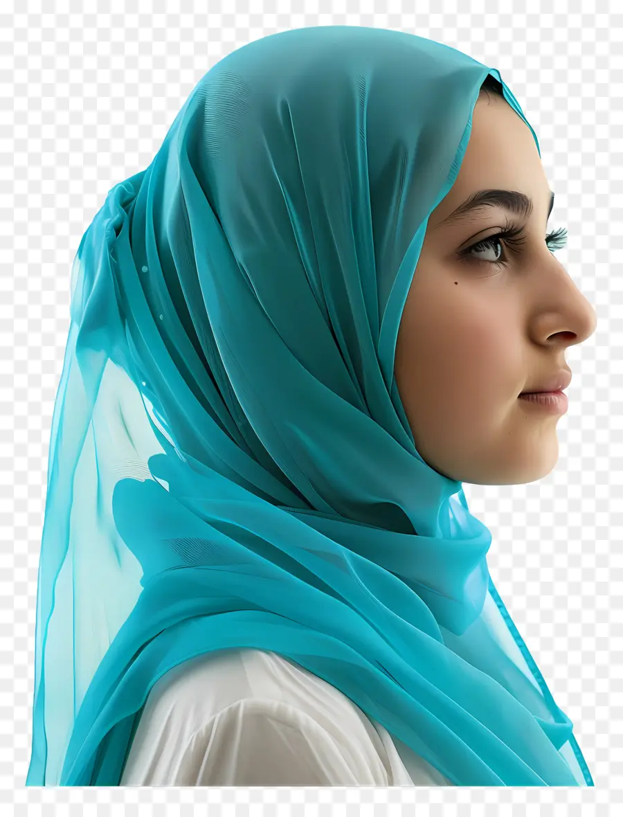 blaugrün Hijab Frau Kopftuch lockiges Haar ernsthafter Ausdruck - Frau in hellblauem Schal schaut nach unten