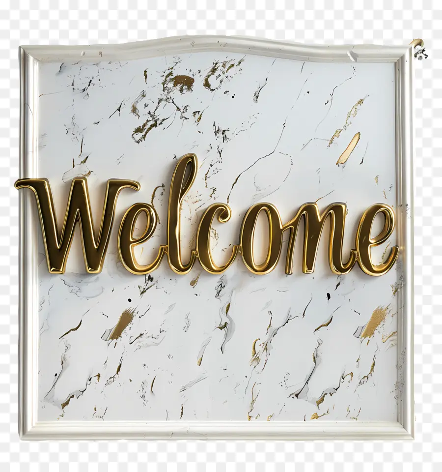 willkommen - Weiße Marmoroberfläche mit goldenen 'Begrüßungsbriefen