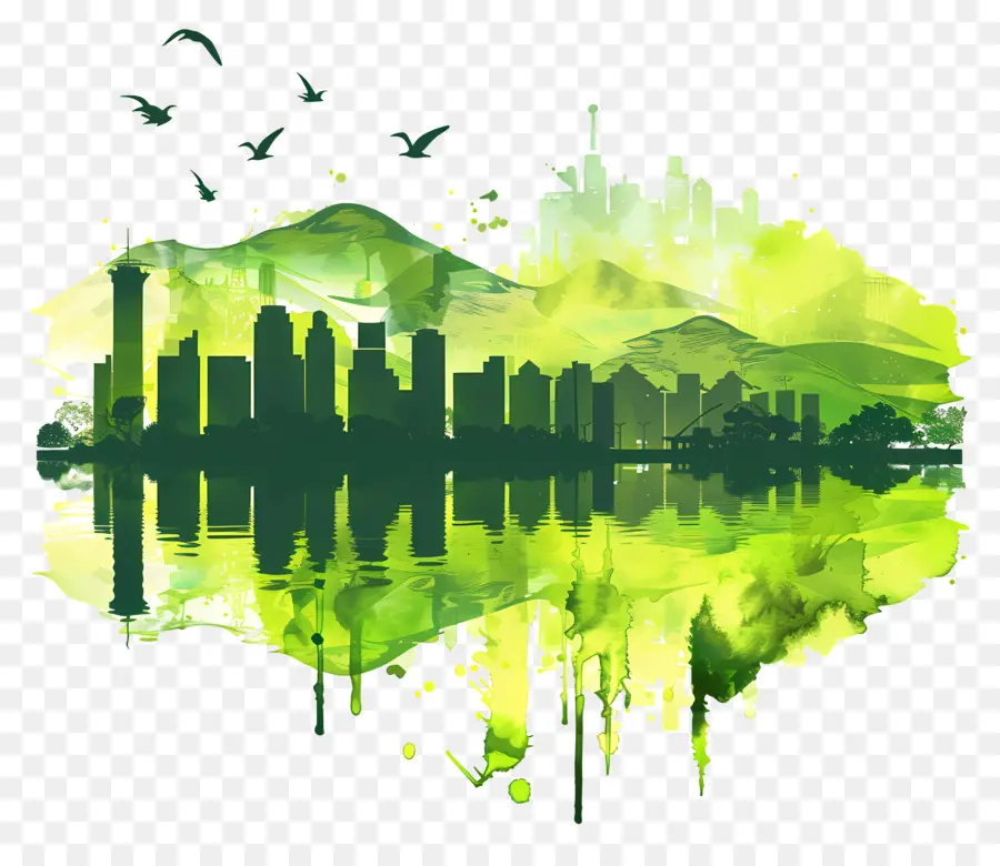 Guwahati City Skyline Cityscape Watercolor Green Blue - Paesaggio urbano ad acquerello con colori verdi e blu