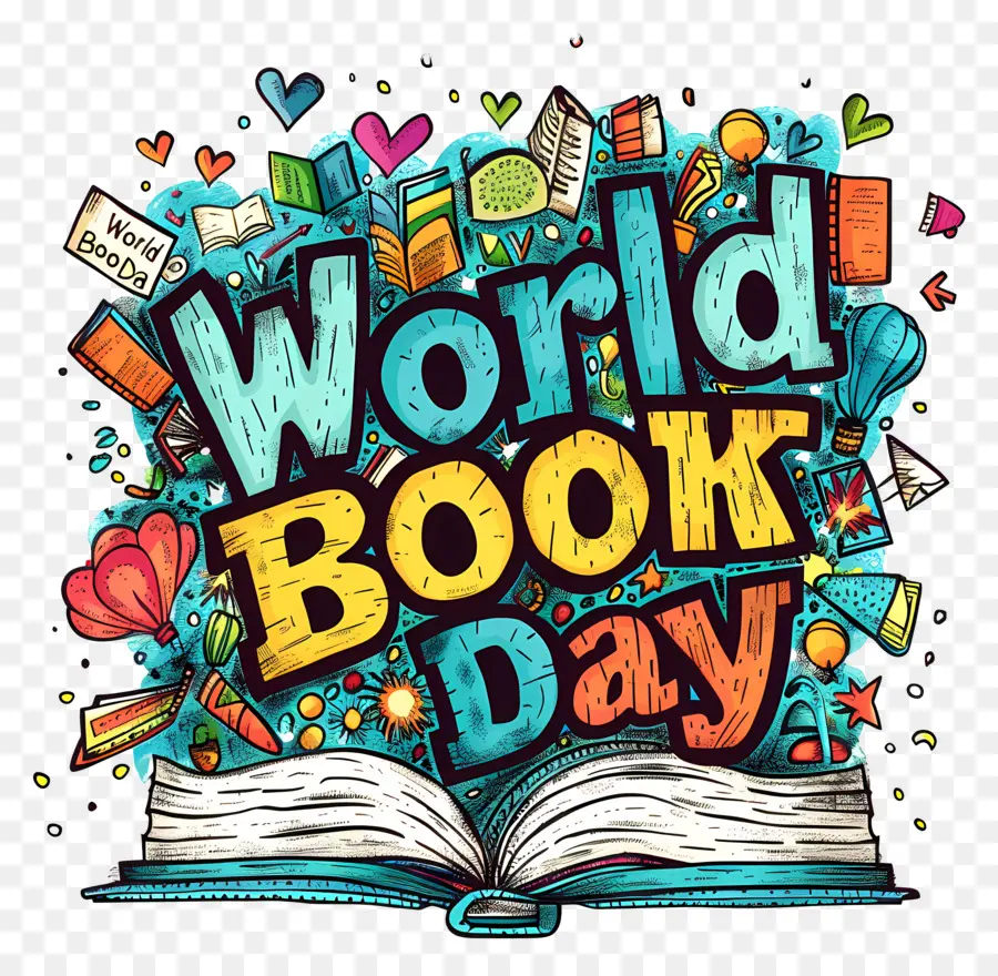 Welttag des Buches - Buch mit 'World Book Day' in Bubble Letters