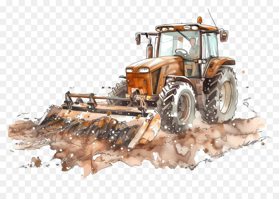 Acqua di fango del trattore per aratura del trattore - Trattore che guida attraverso Muddy Field, facendo progressi
