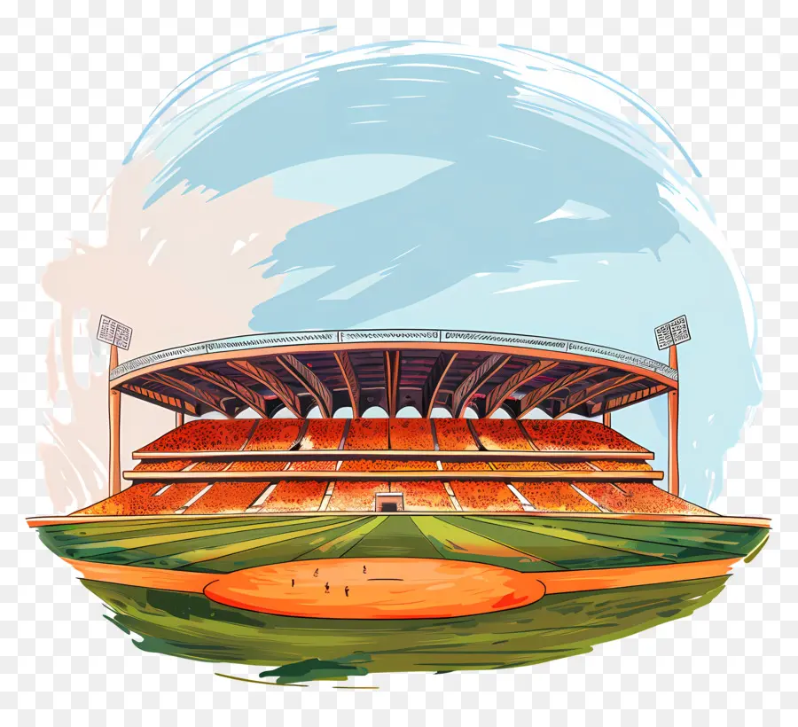 Narendra Modi Stadium Baseball Stadium Orange Baseballfeld Grün Grasblau Himmel - Baseball -Stadionmalerei mit orangefarbenem Feld