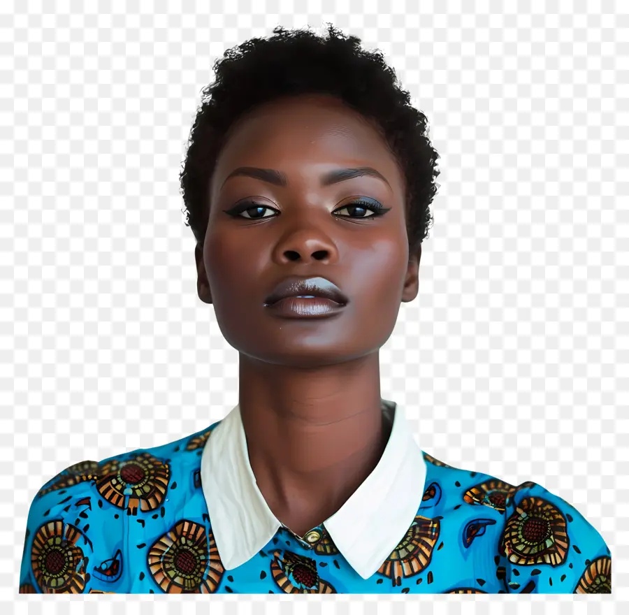 african woman dark skin blue dress background afro hairstyle