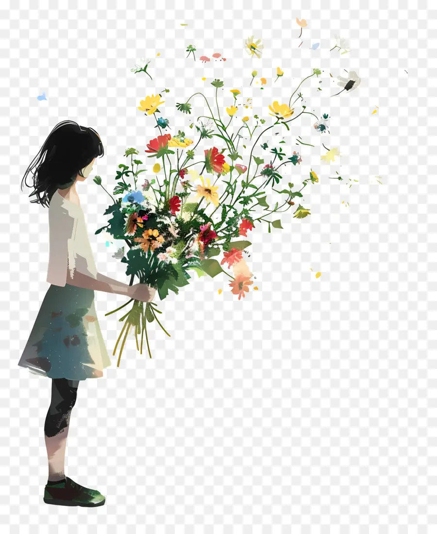 Frau Blumen Frau Blumen Bouquet - Frau hält Blumenstrauß, ruhiger Ausdruck