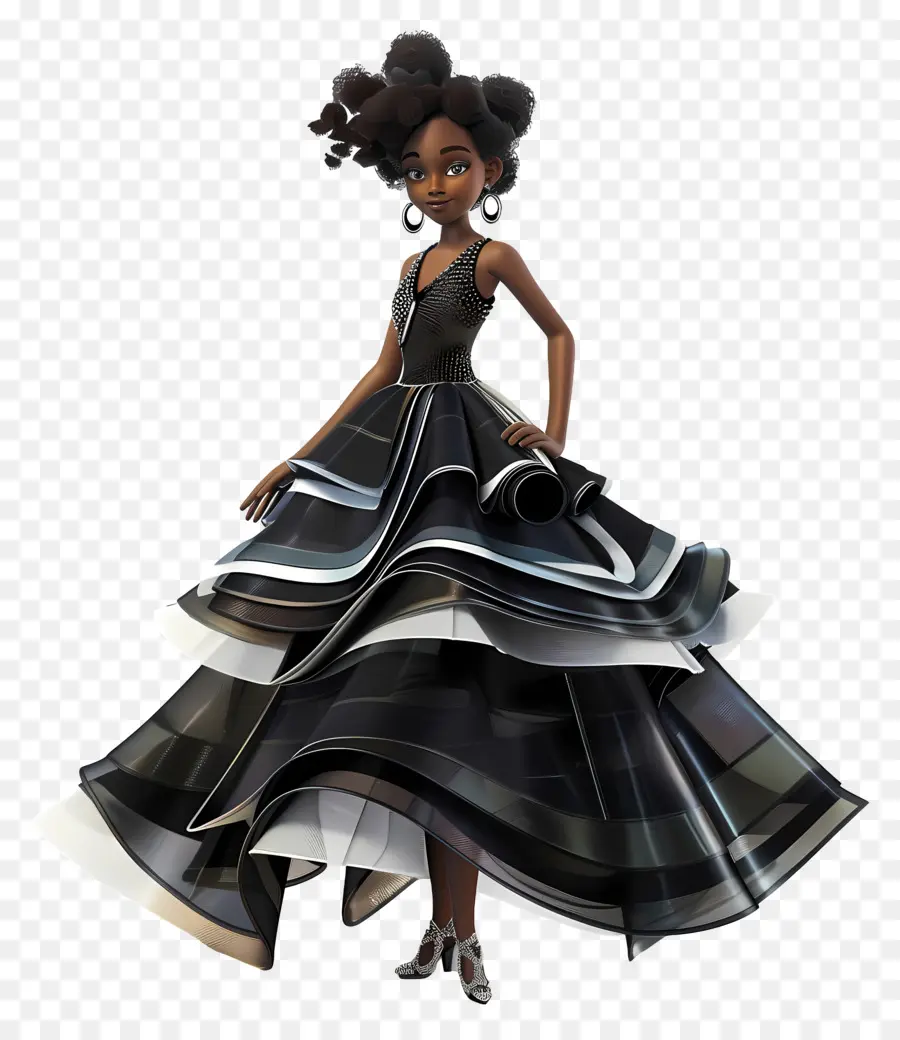 Schwarzes Mädchen im Kleid schwarz -weißes Kleid mit hoher Schlitzfrau Mode - Raffinierte Frau in Hochschlitzkleid